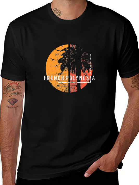 French Polynesia Graphic Tee - Sunset Palm Design