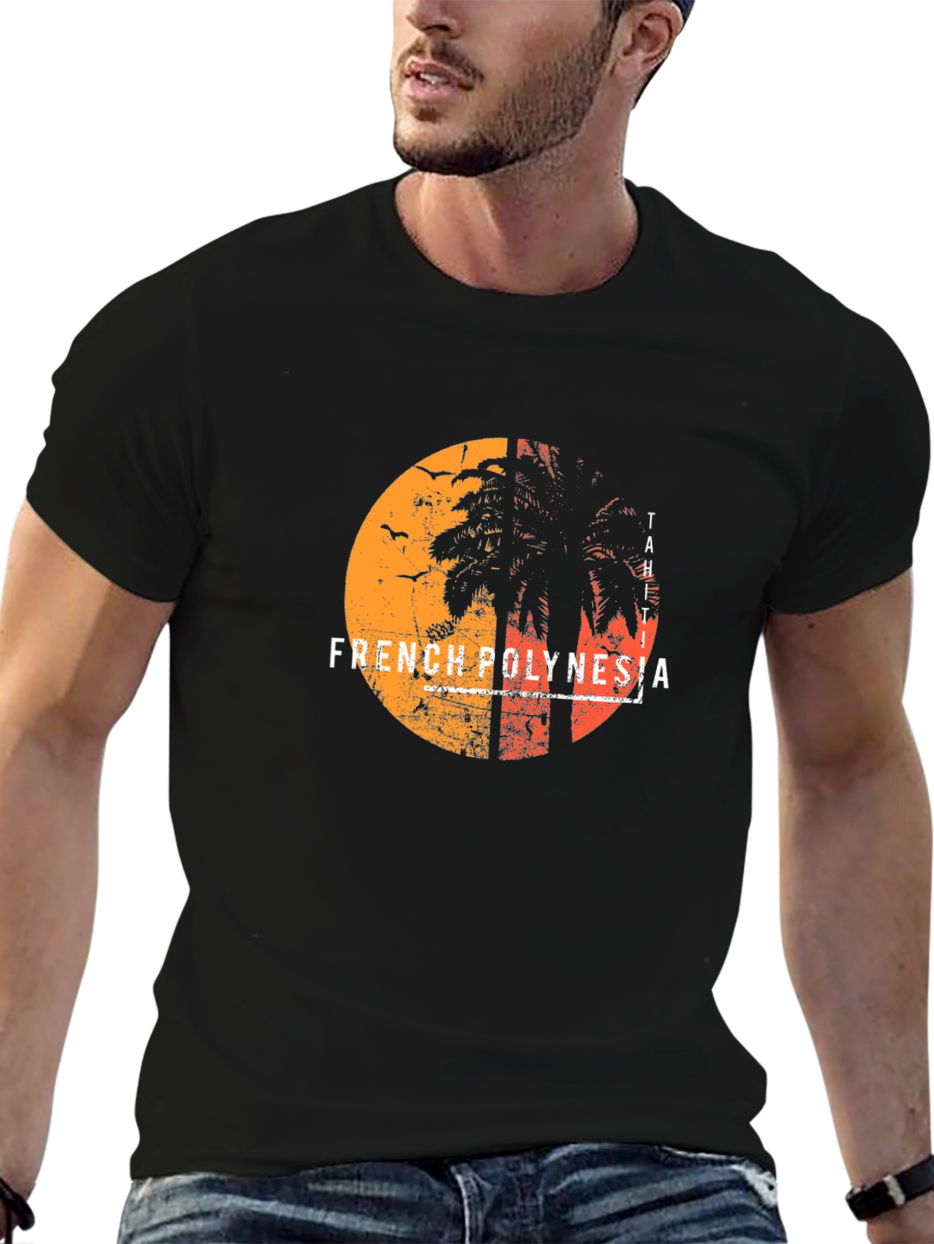 French Polynesia Graphic Tee - Sunset Palm Design