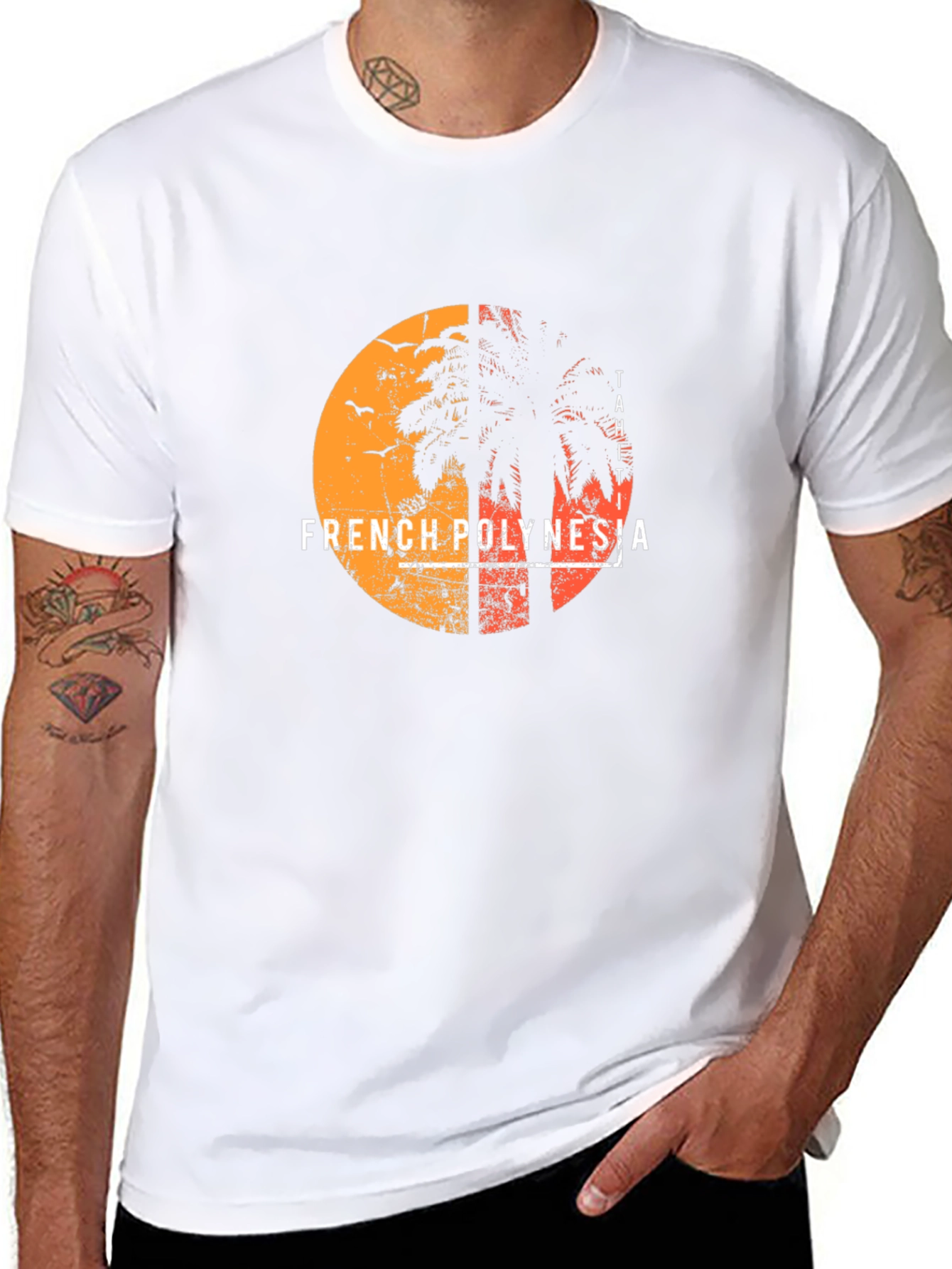 French Polynesia Graphic Tee - Sunset Palm Design