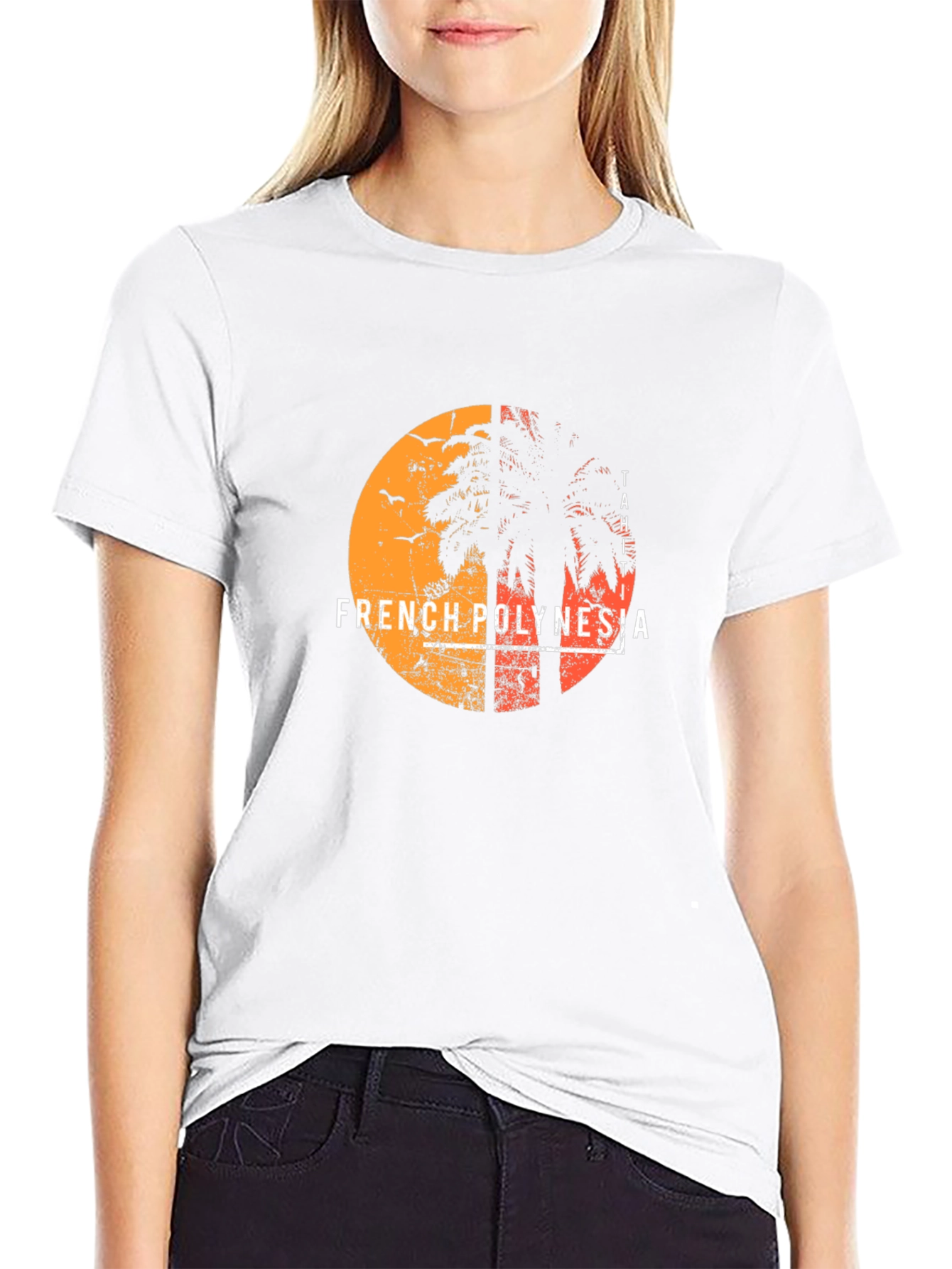 French Polynesia Graphic Tee - Sunset Palm Design