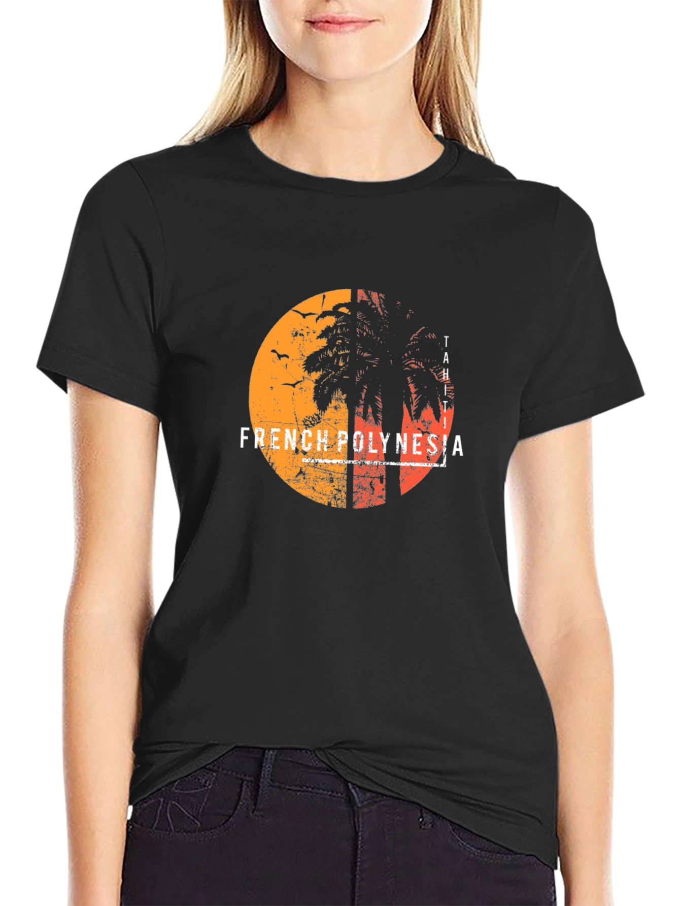 French Polynesia Graphic Tee - Sunset Palm Design