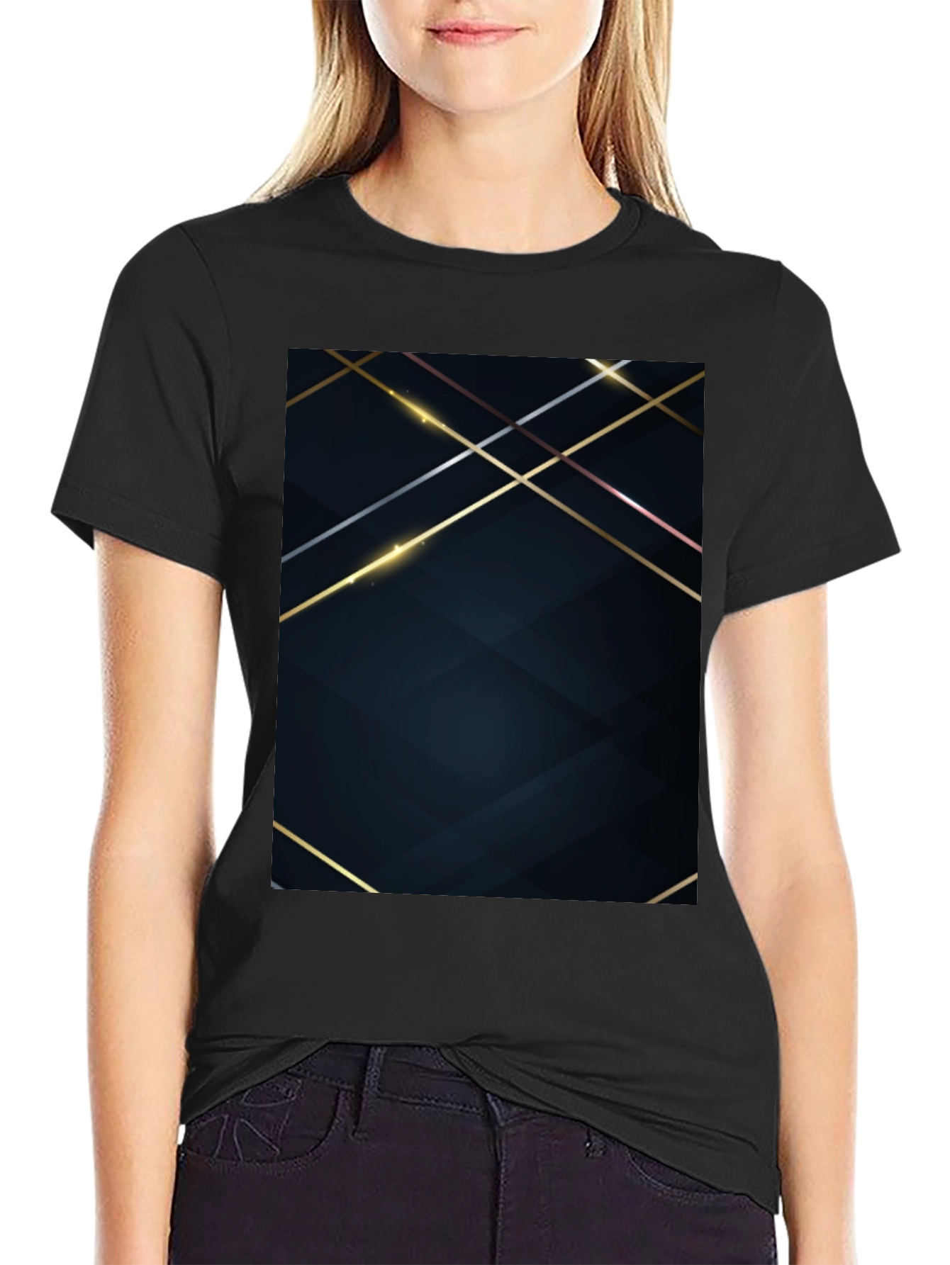 Stylish Black Tee with Geometric Gold Accent
