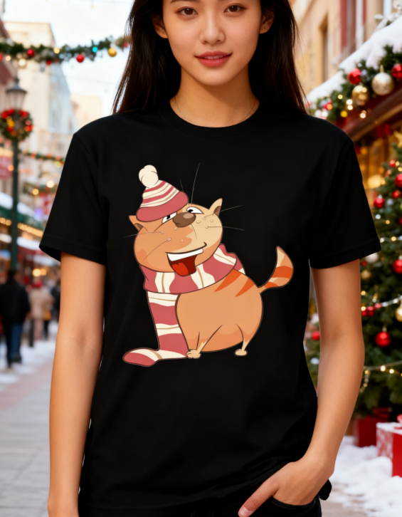 "Cozy Kitten" Winter-Themed Black Graphic Tee