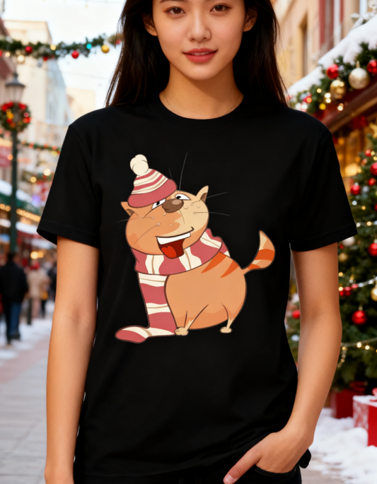 "Cozy Kitten" Winter-Themed Black Graphic Tee