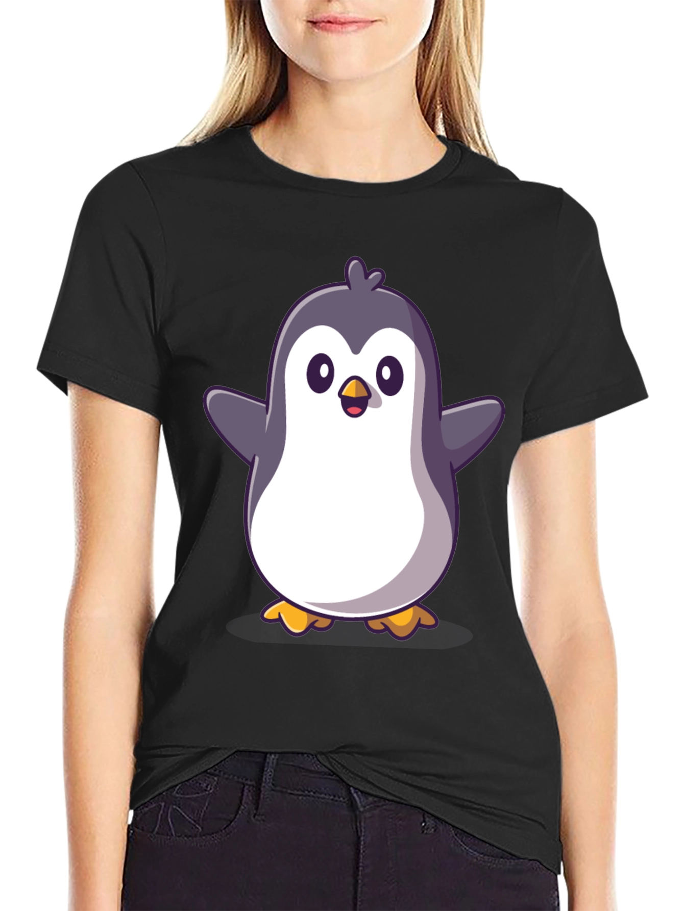 Cute Cartoon Penguin Graphic Black T-Shirt