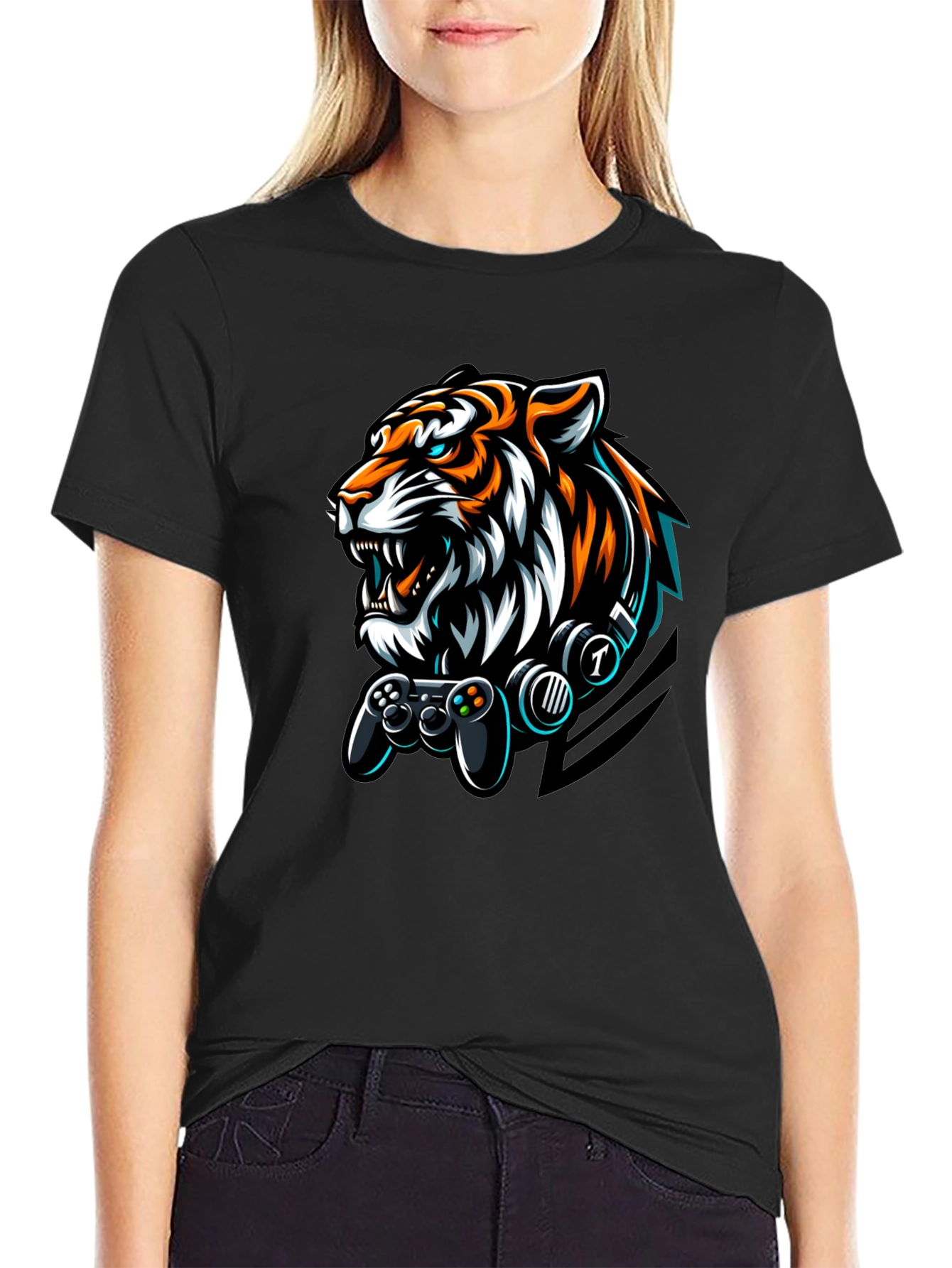 Gamer Tiger Graphic Black T-Shirt