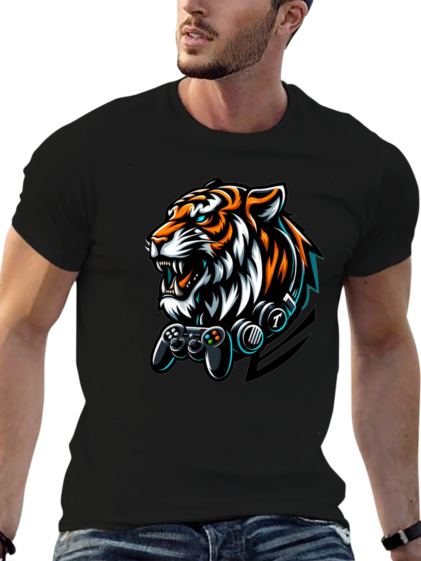 Gamer Tiger Graphic Black T-Shirt