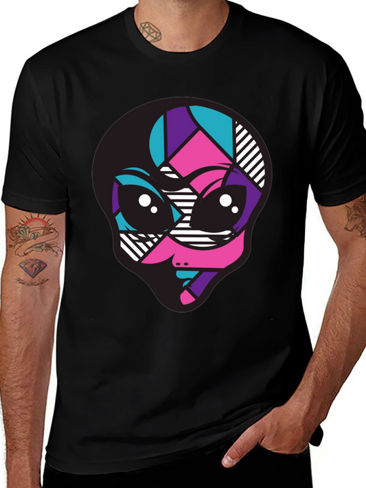 Vibrant Alien Graphic Tee - Black Crew Neck