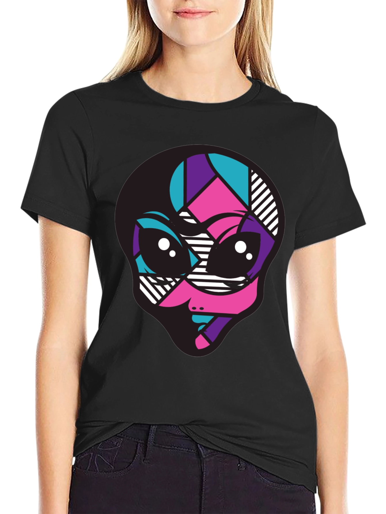 Vibrant Alien Graphic Tee - Black Crew Neck