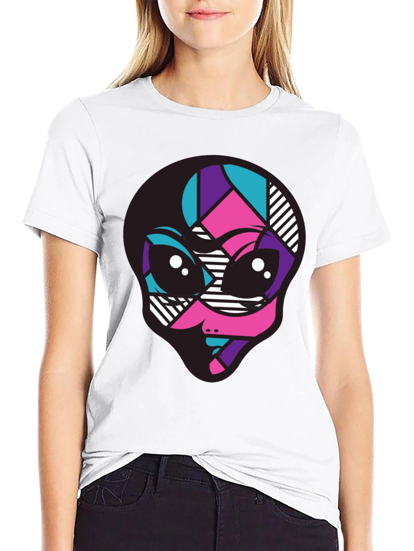 Vibrant Alien Graphic Tee - Black Crew Neck