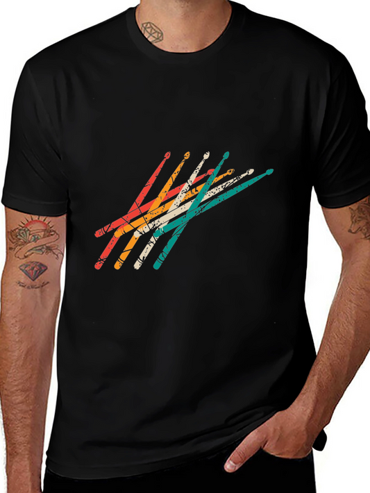 Retro Drumsticks Graphic Tee - Black Casual T-Shirt