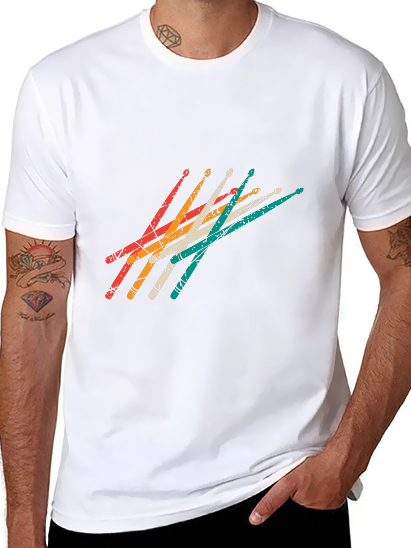 Retro Drumsticks Graphic Tee - Black Casual T-Shirt