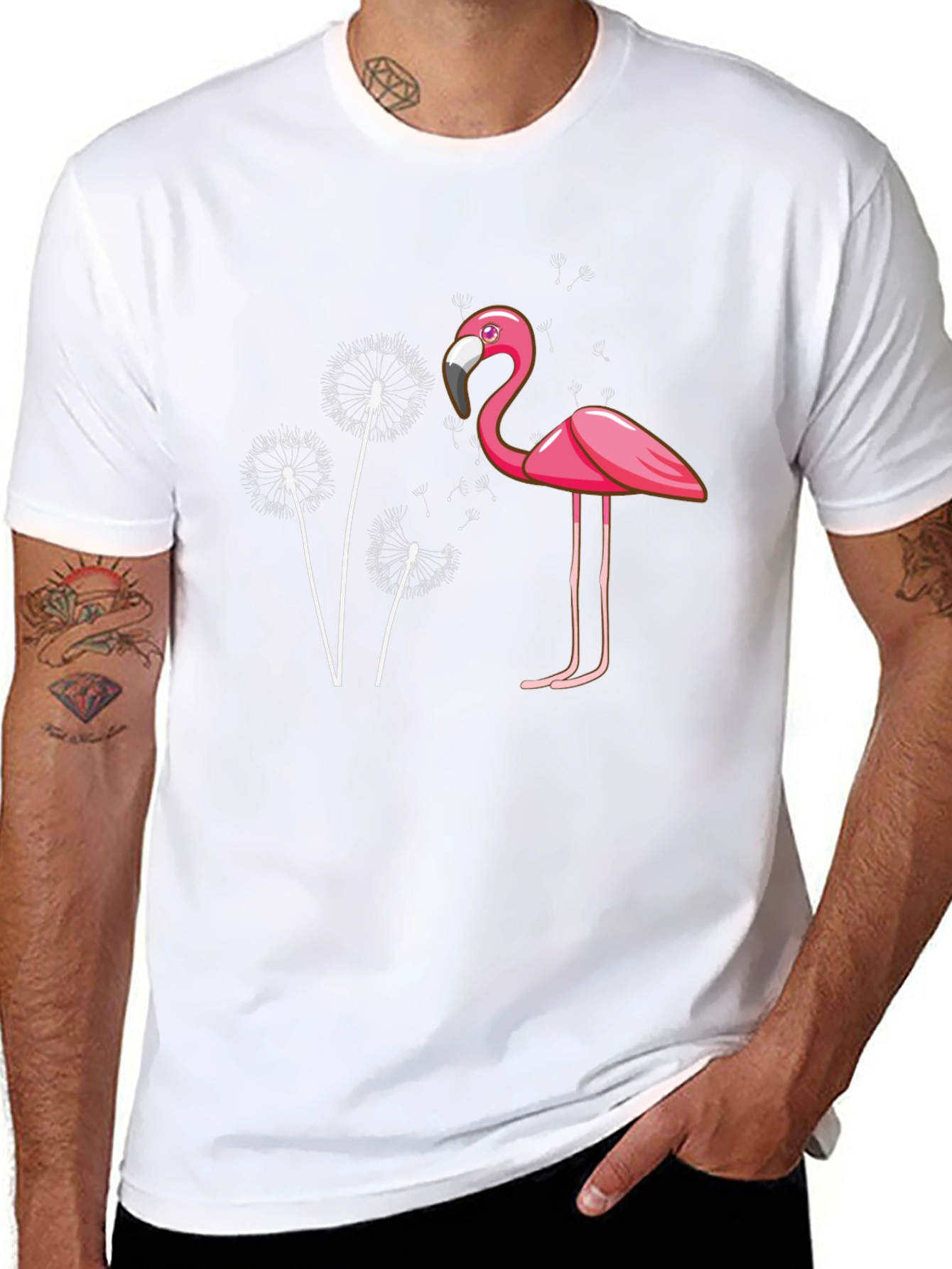 Flamingo Dandelion Graphic Tee - Trendy Black T-Shirt