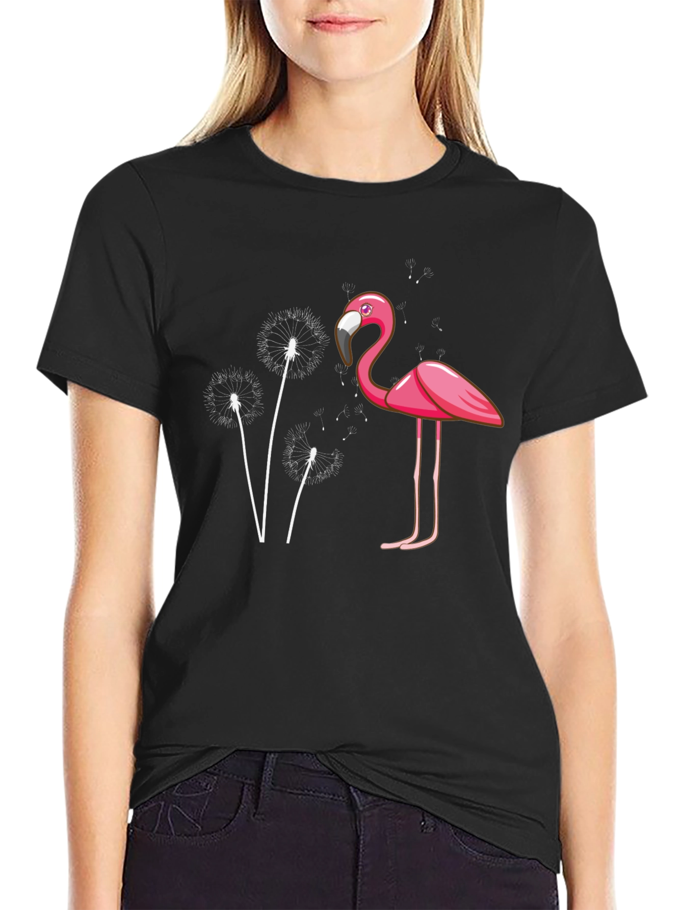 Flamingo Dandelion Graphic Tee - Trendy Black T-Shirt
