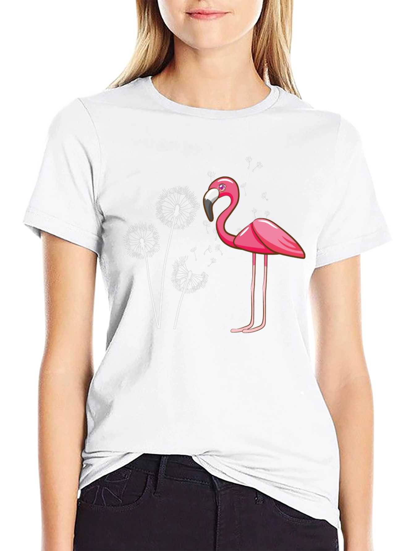 Flamingo Dandelion Graphic Tee - Trendy Black T-Shirt