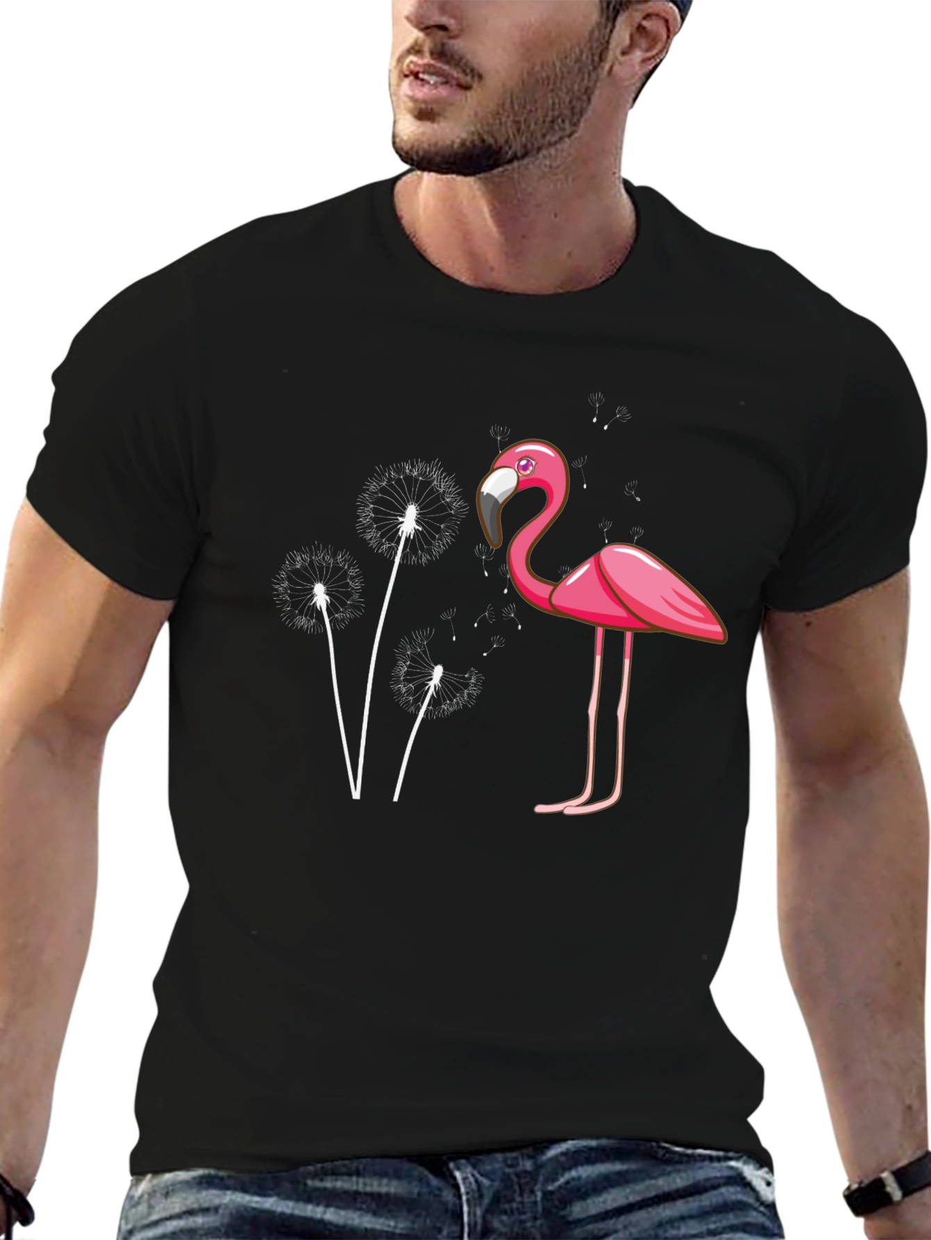Flamingo Dandelion Graphic Tee - Trendy Black T-Shirt