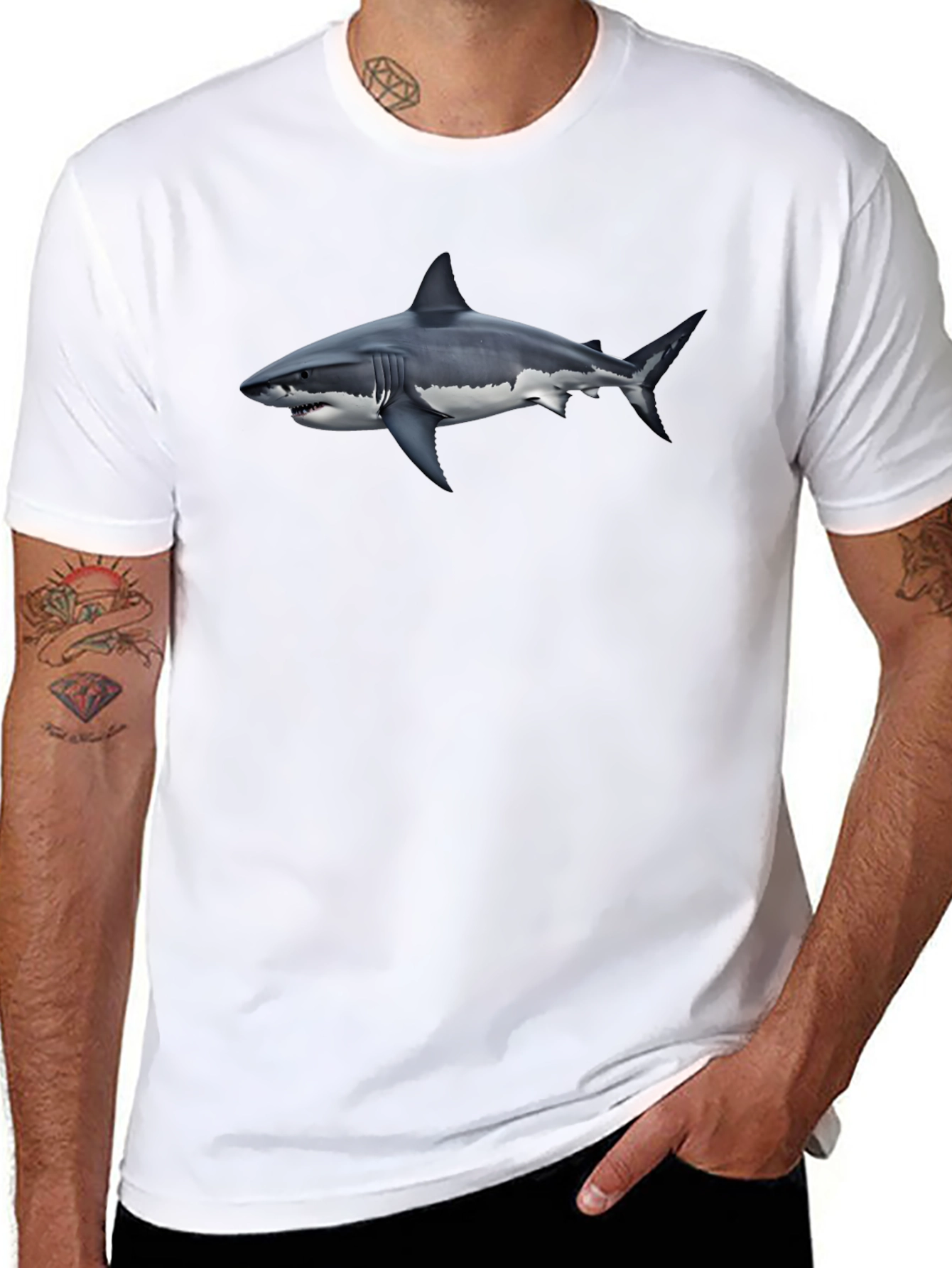 Great White Shark Graphic Tee - Black Cotton Shirt