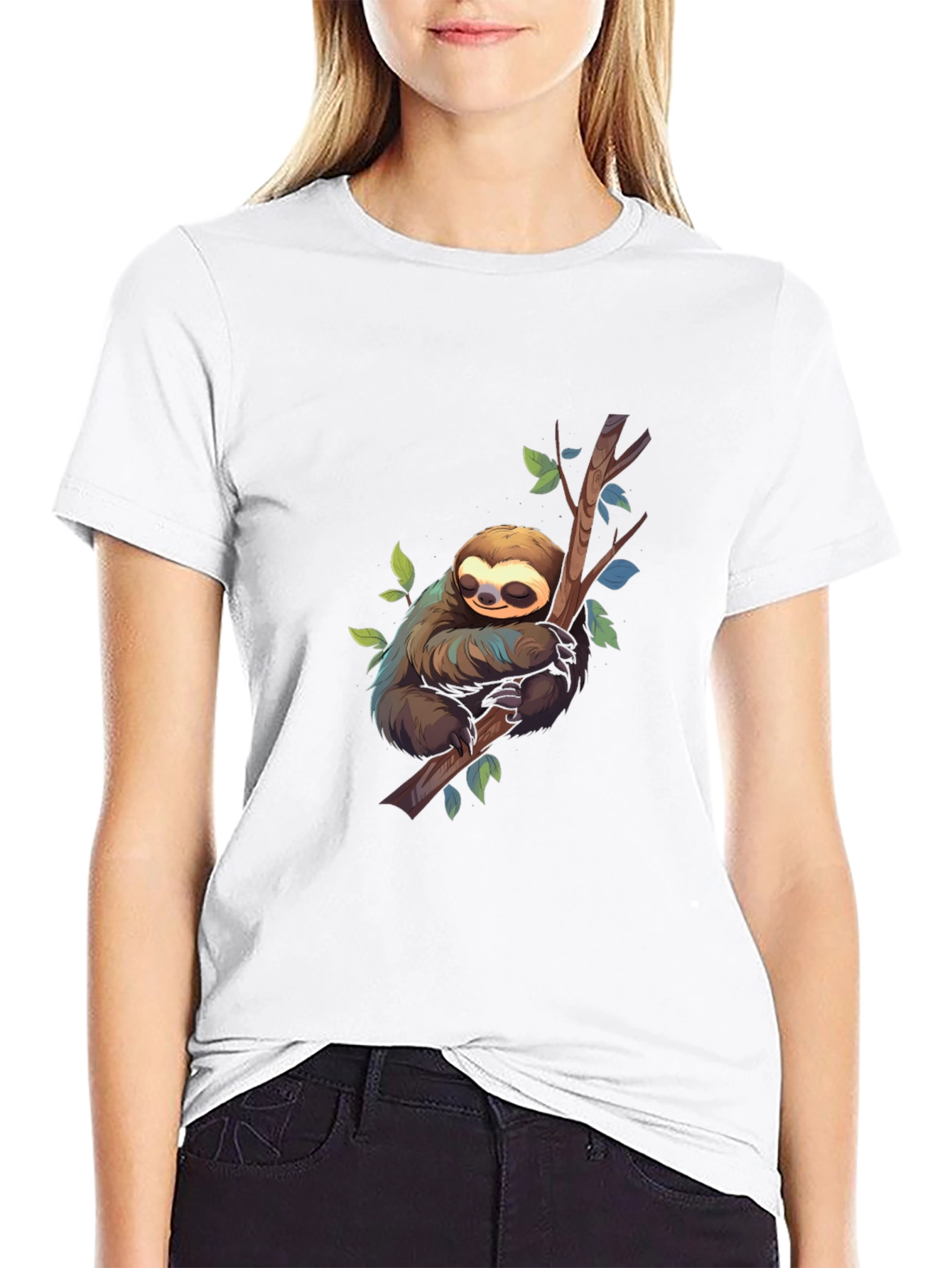 Cute Sloth on Branch Black T-Shirt