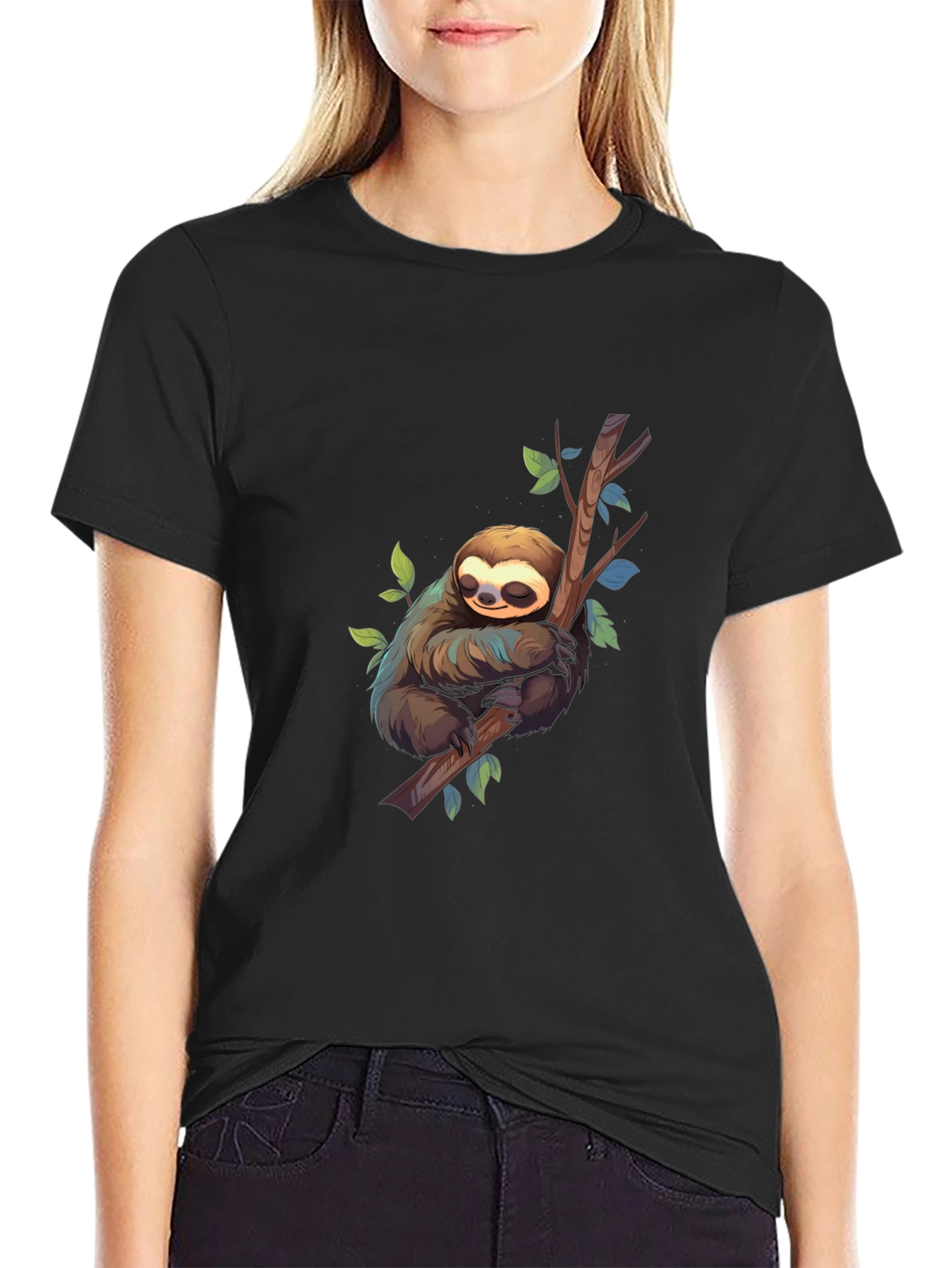 Cute Sloth on Branch Black T-Shirt