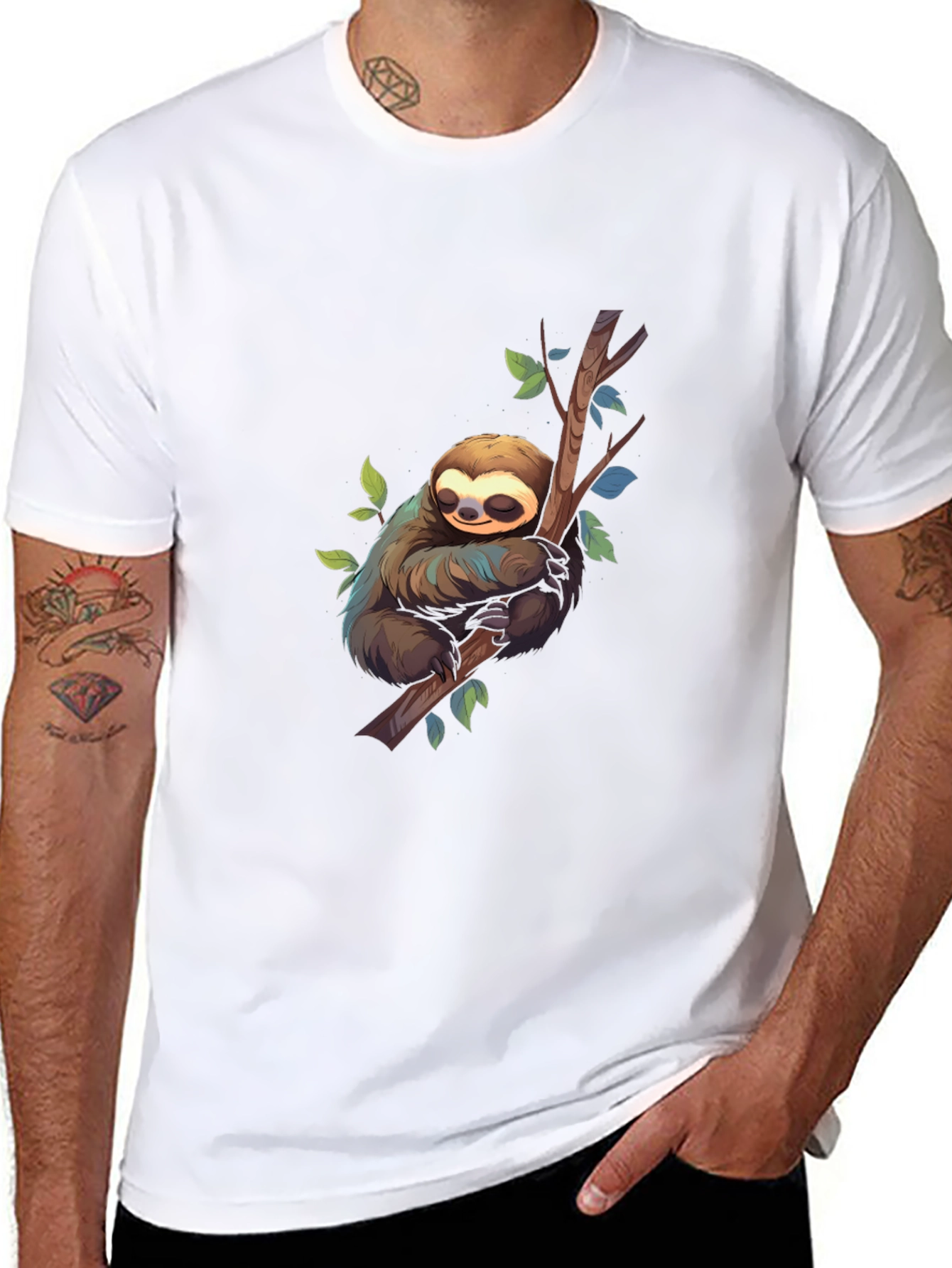 Cute Sloth on Branch Black T-Shirt