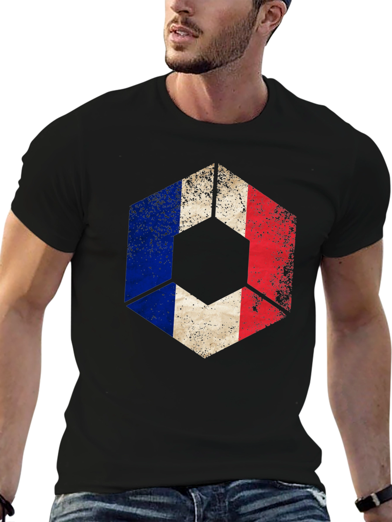 French Flag Hexagon Graphic Tee - Black Casual Shirt