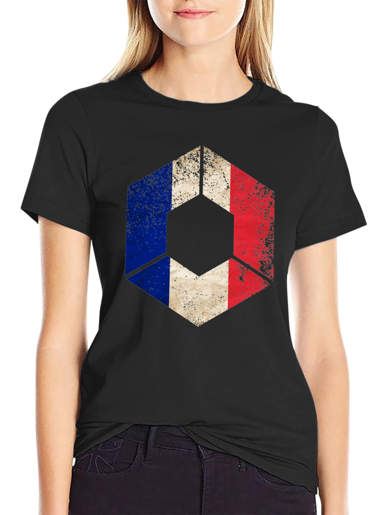 French Flag Hexagon Graphic Tee - Black Casual Shirt