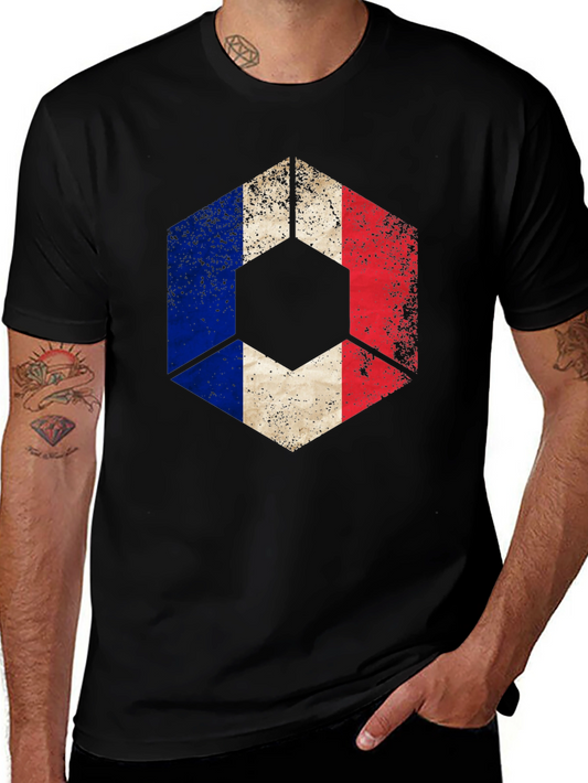French Flag Hexagon Graphic Tee - Black Casual Shirt