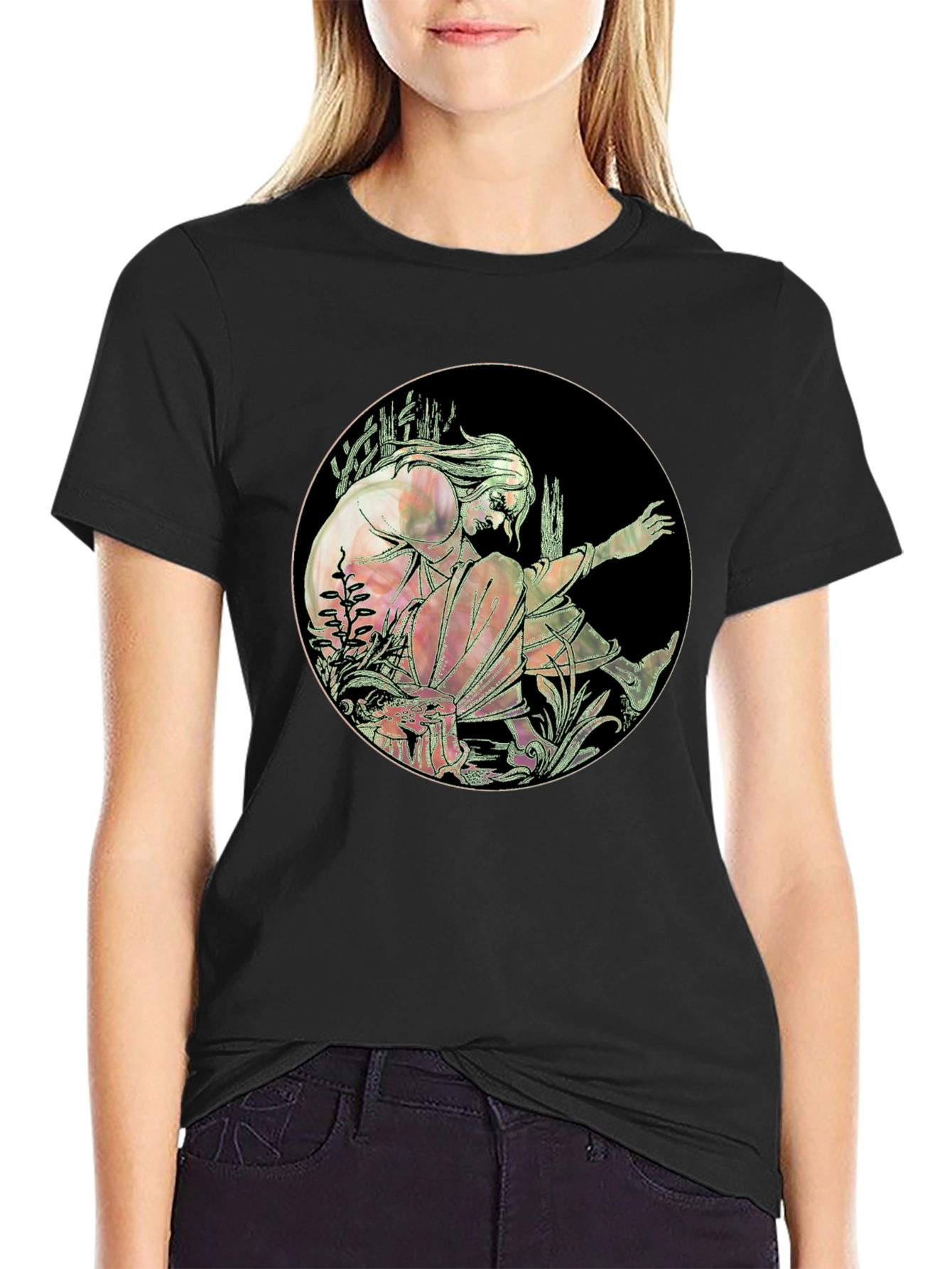 Art Nouveau Style Graphic Print Black T-Shirt