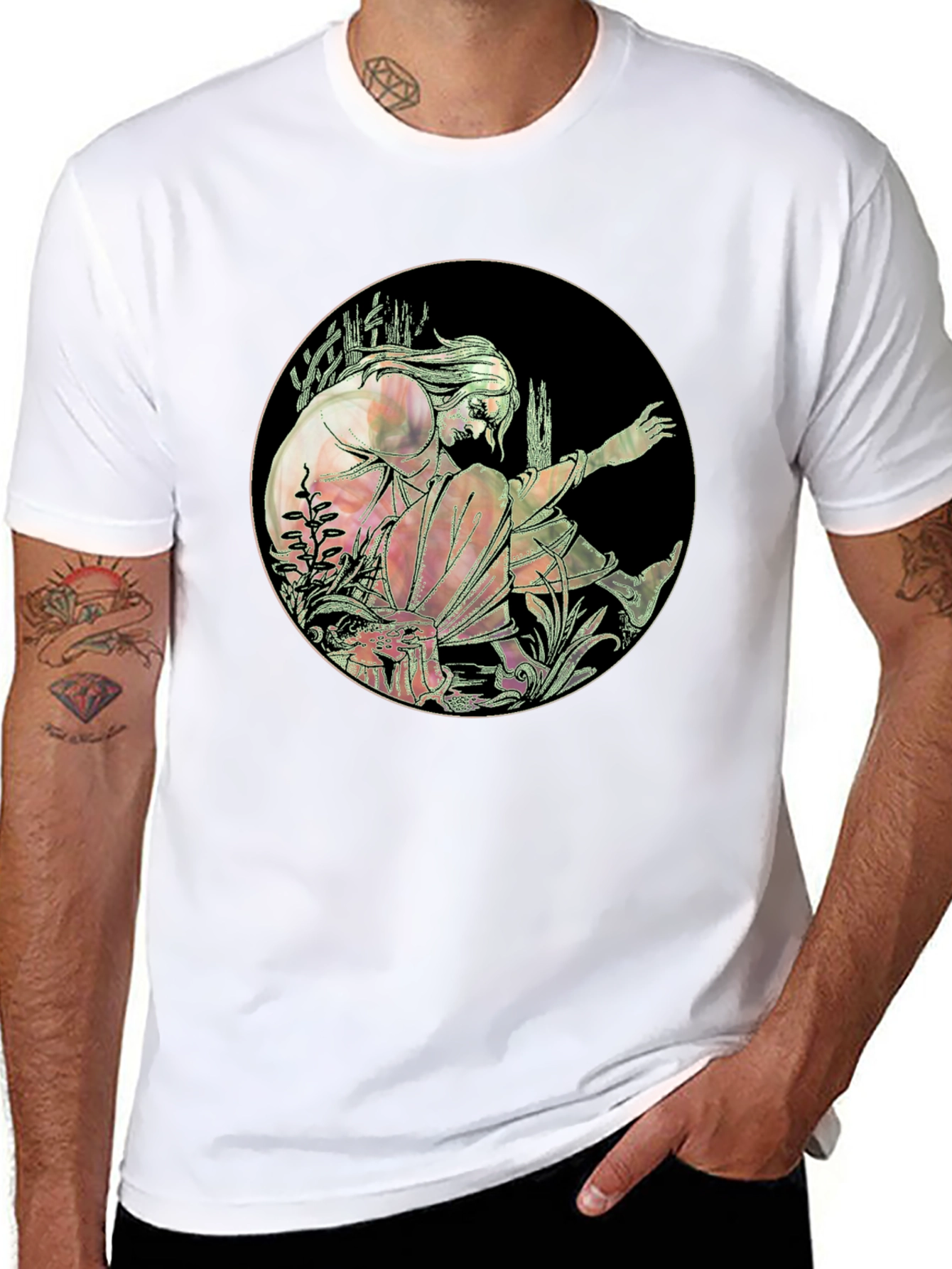Art Nouveau Style Graphic Print Black T-Shirt