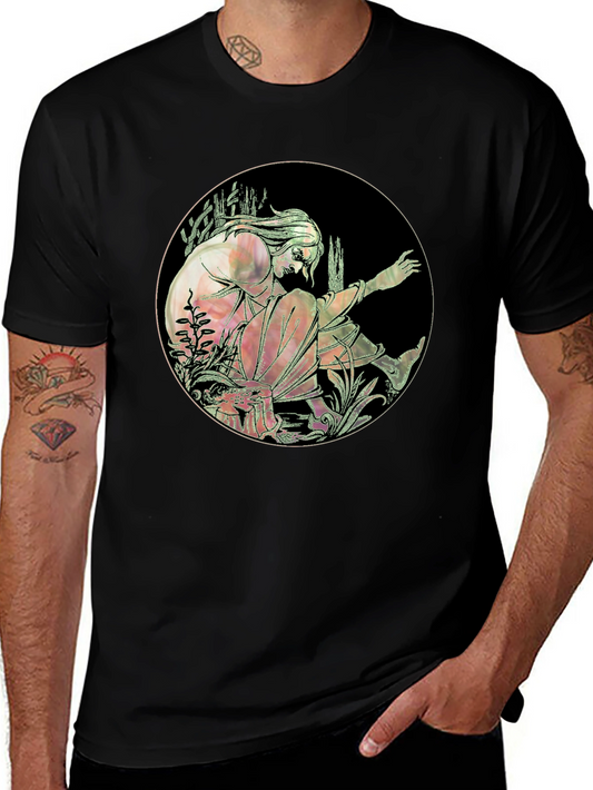 Art Nouveau Style Graphic Print Black T-Shirt