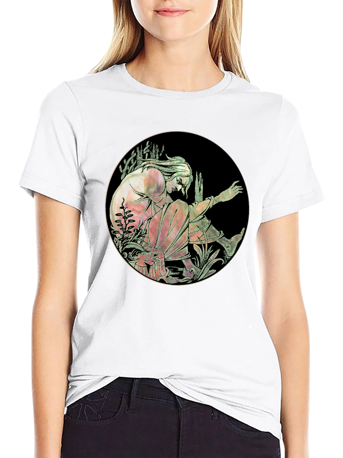 Art Nouveau Style Graphic Print Black T-Shirt