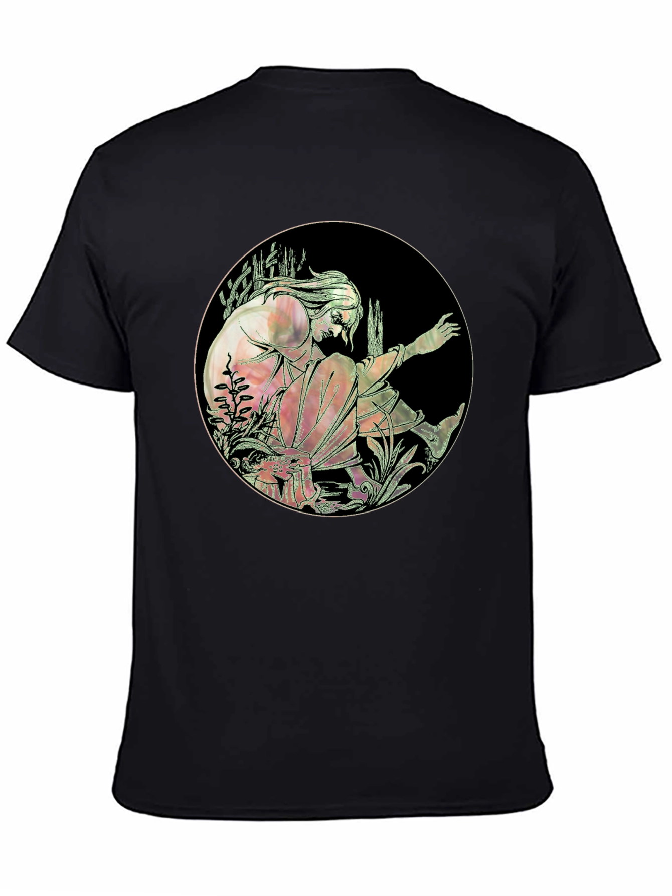 Art Nouveau Style Graphic Print Black T-Shirt