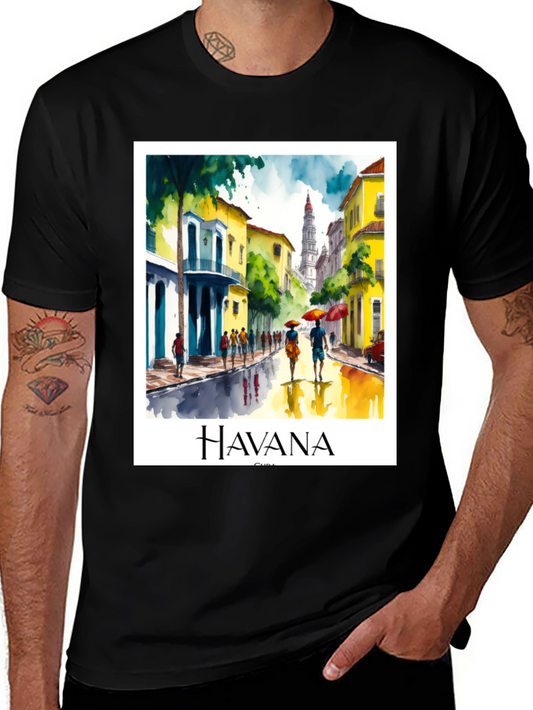 Havana Cuba Watercolor Graphic Tee - Black