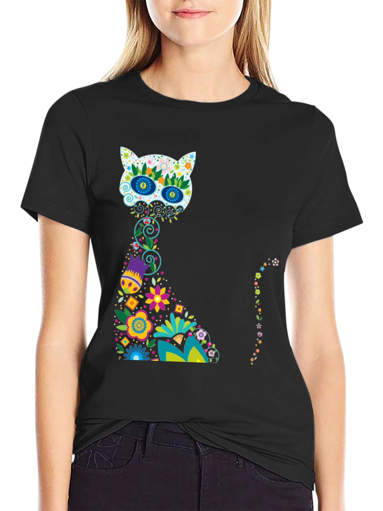 Sugar Skull Cat Black T-Shirt