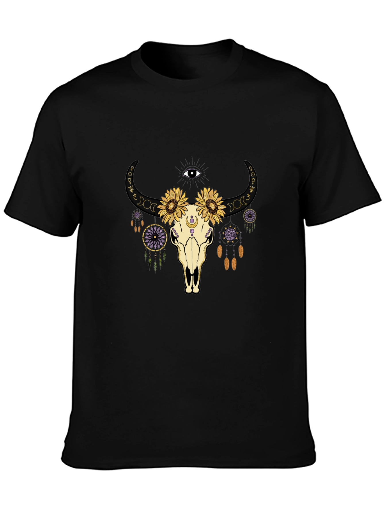 Boho Skull Graphic Tee - Black Cotton