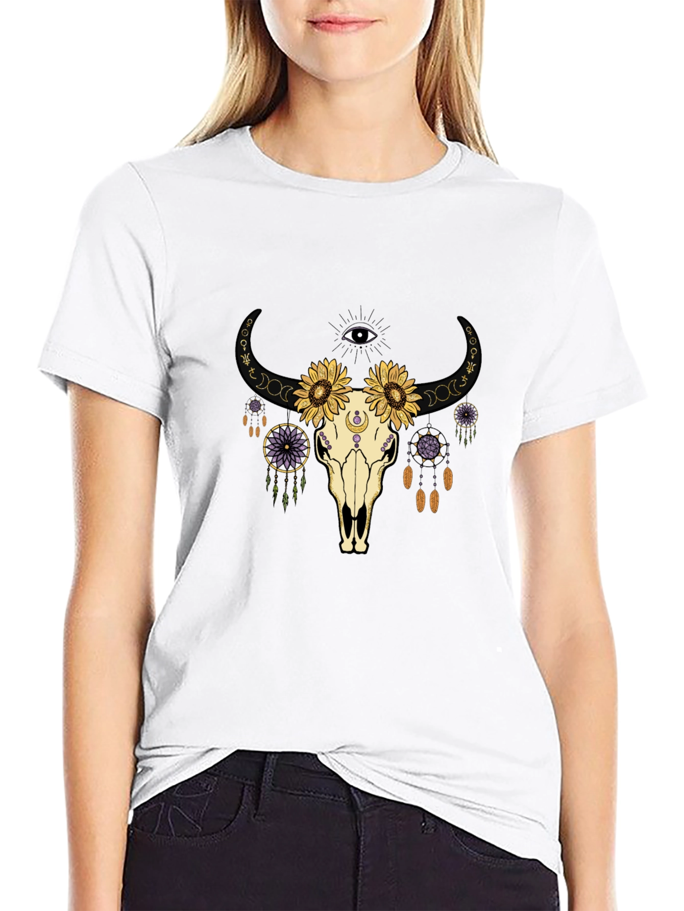 Boho Skull Graphic Tee - Black Cotton
