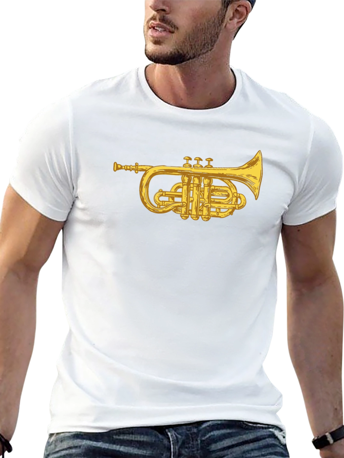 Black T-Shirt with Golden Trumpet Graphic