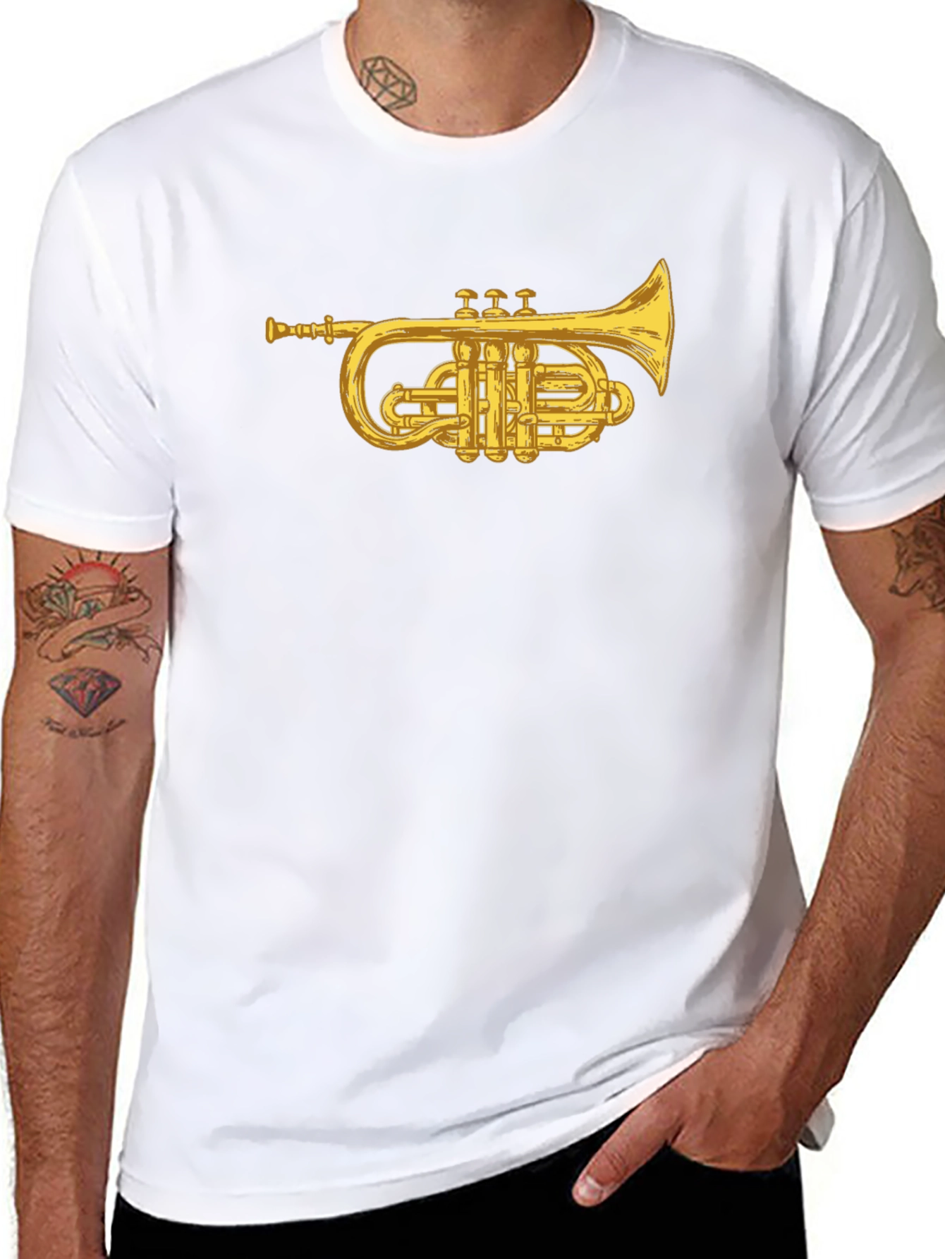 Black T-Shirt with Golden Trumpet Graphic