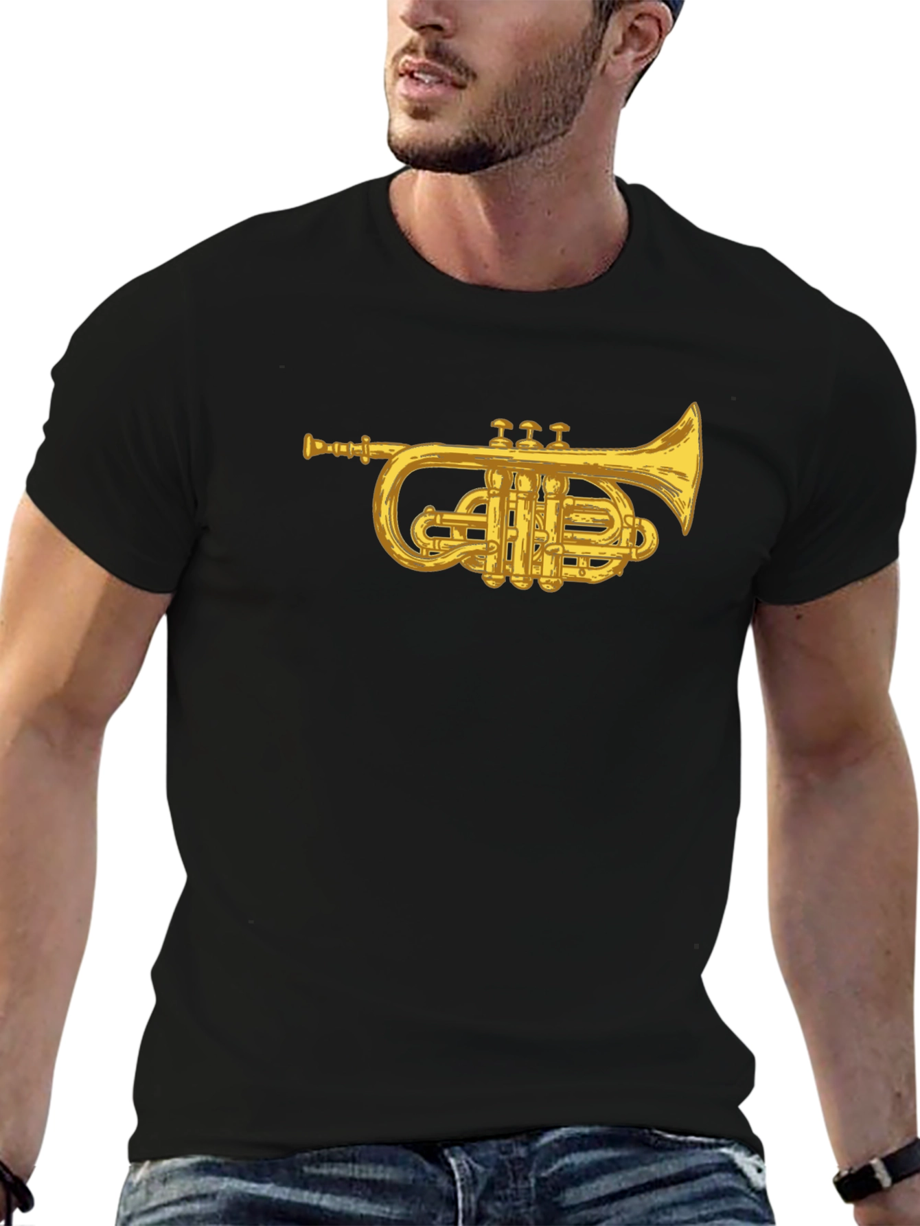 Black T-Shirt with Golden Trumpet Graphic