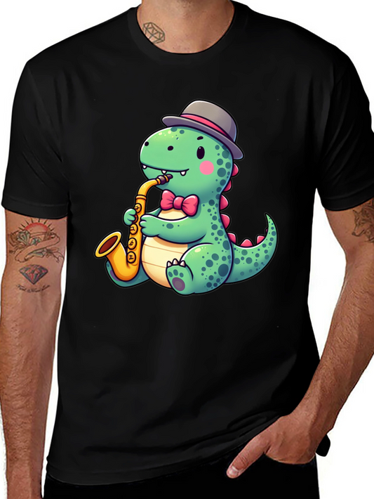 Dapper Dino Sax T-Shirt - Cool Cartoon Design