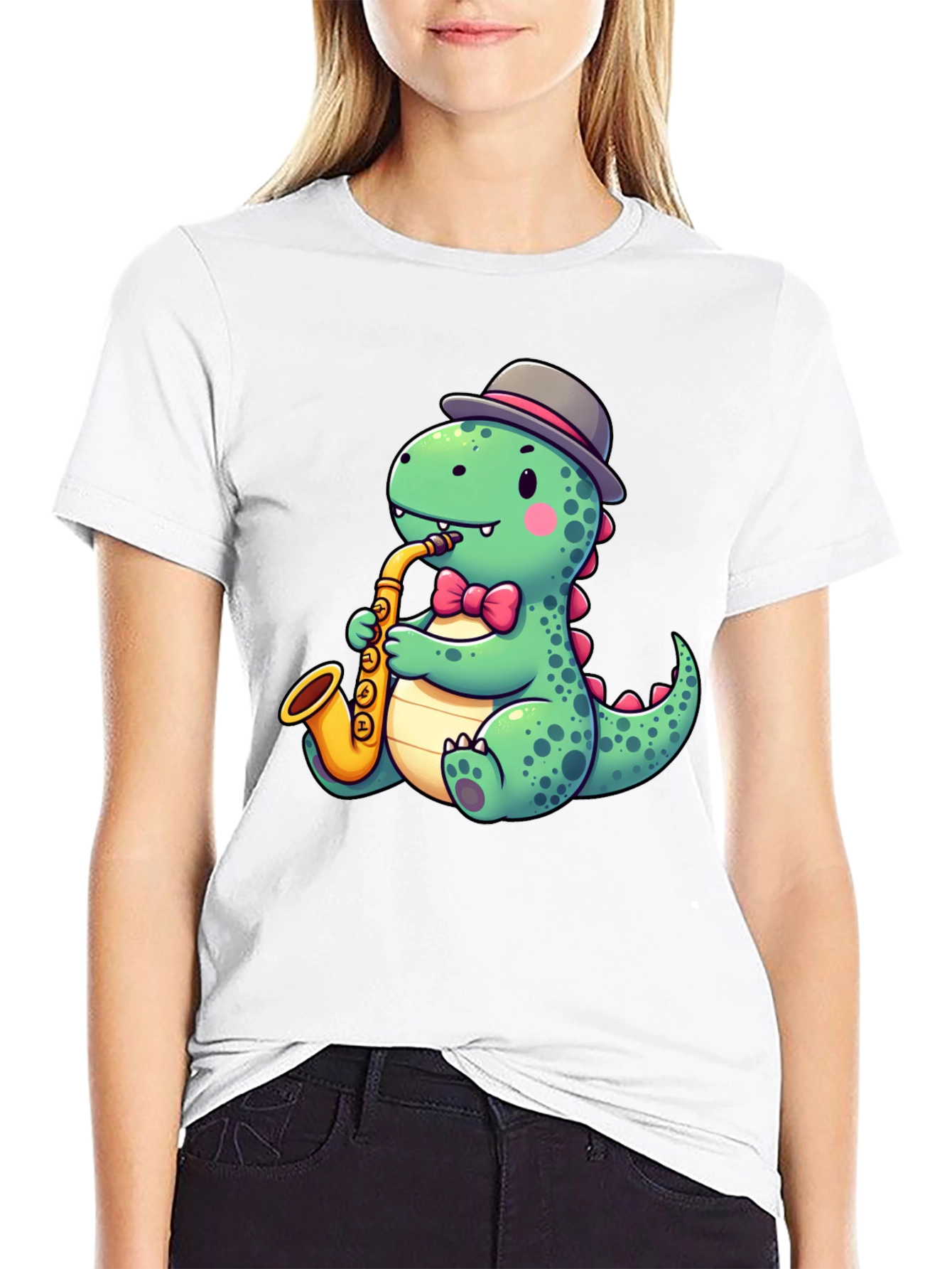 Dapper Dino Sax T-Shirt - Cool Cartoon Design