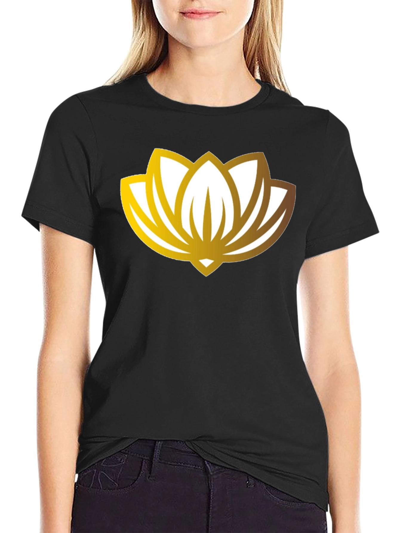 Golden Lotus Flower Graphic Black T-Shirt