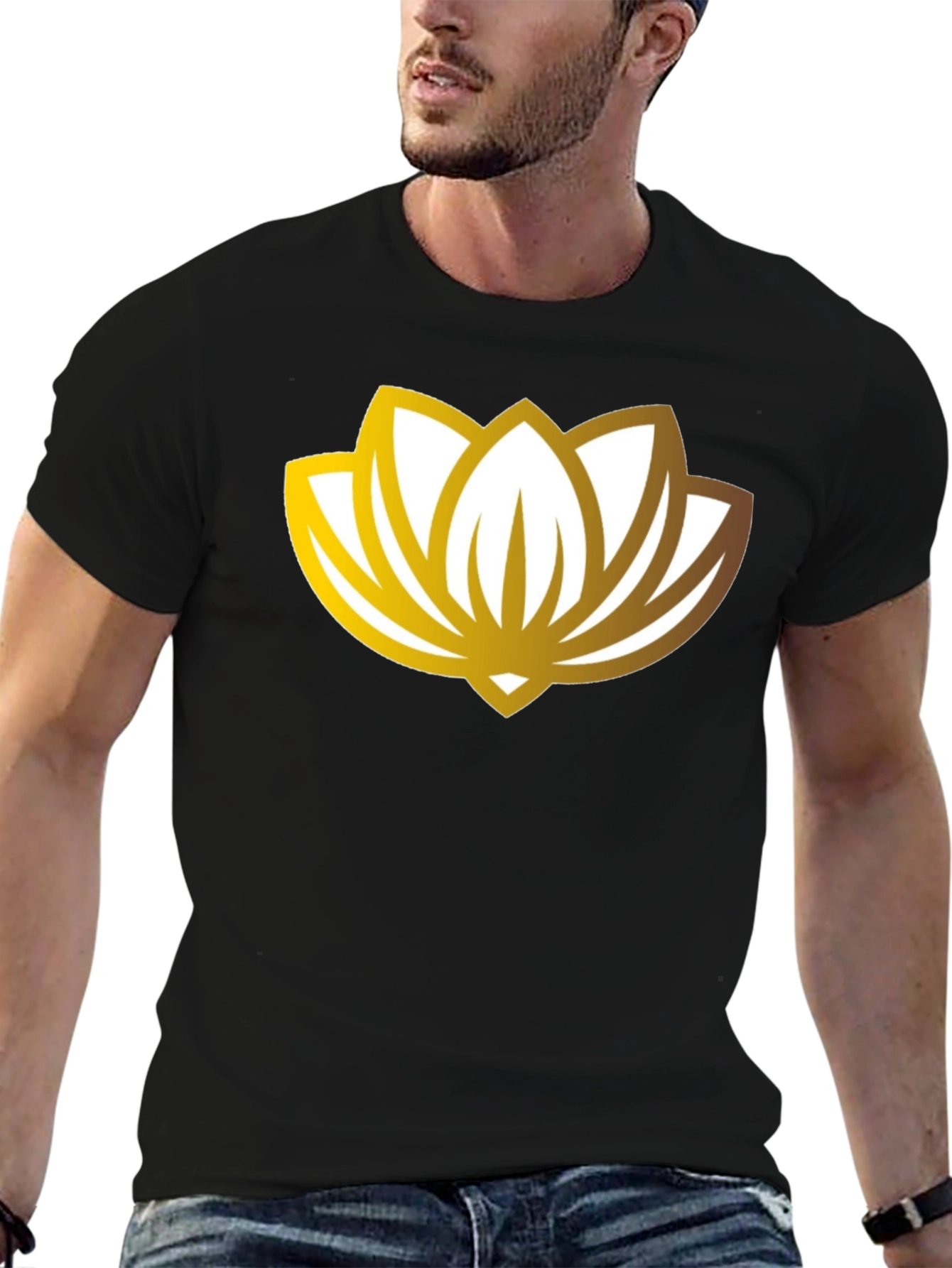 Golden Lotus Flower Graphic Black T-Shirt
