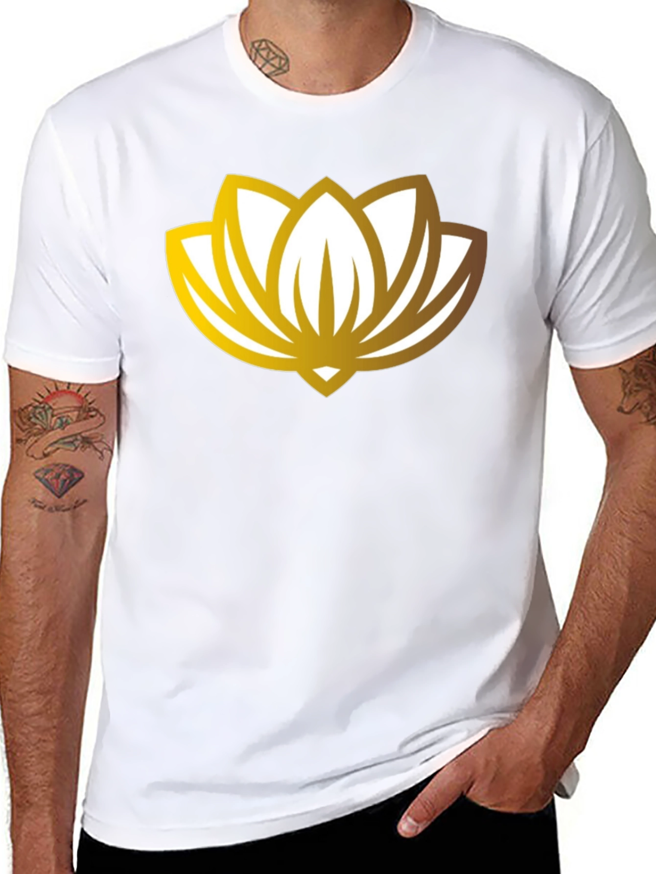 Golden Lotus Flower Graphic Black T-Shirt