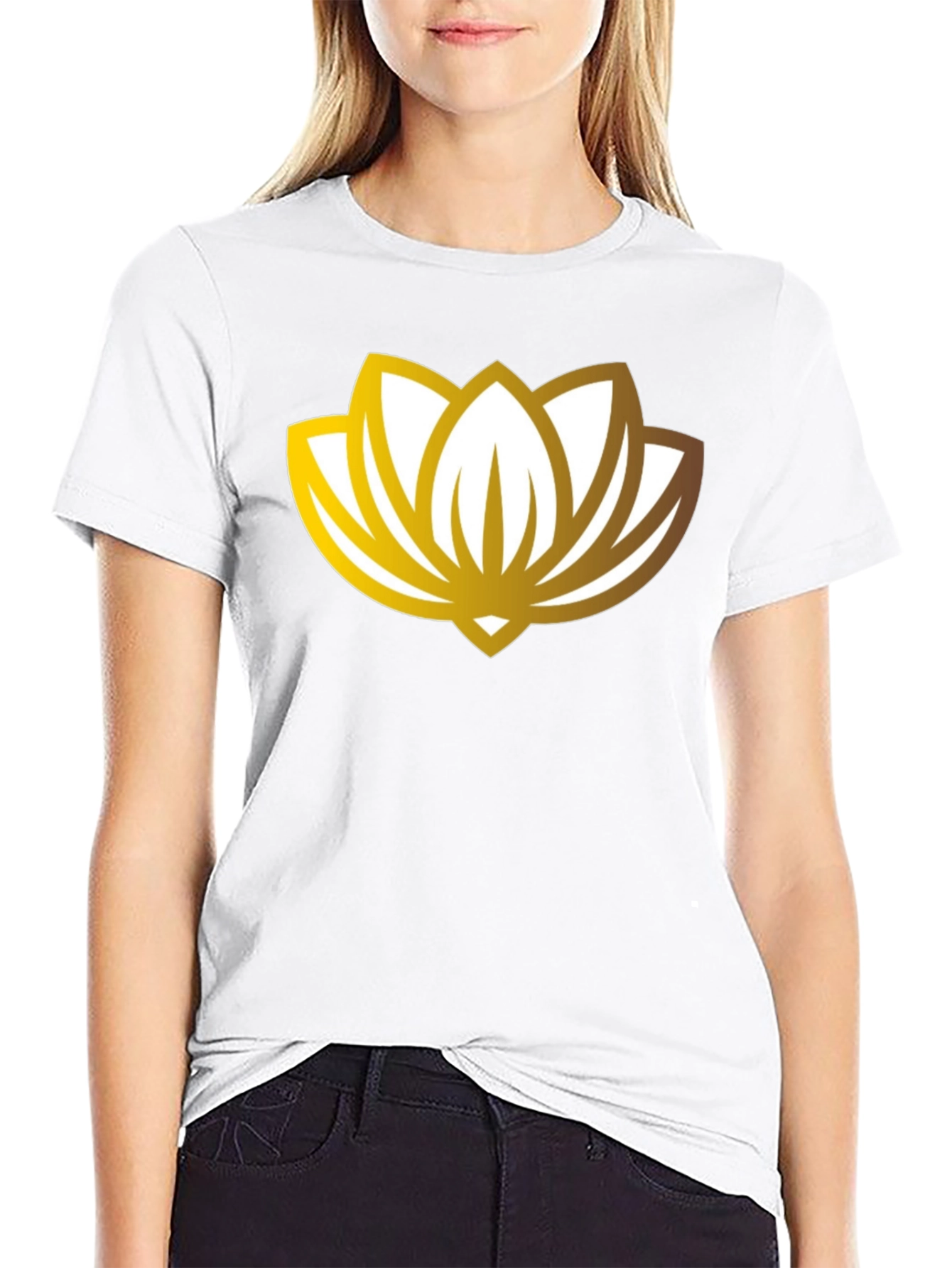 Golden Lotus Flower Graphic Black T-Shirt