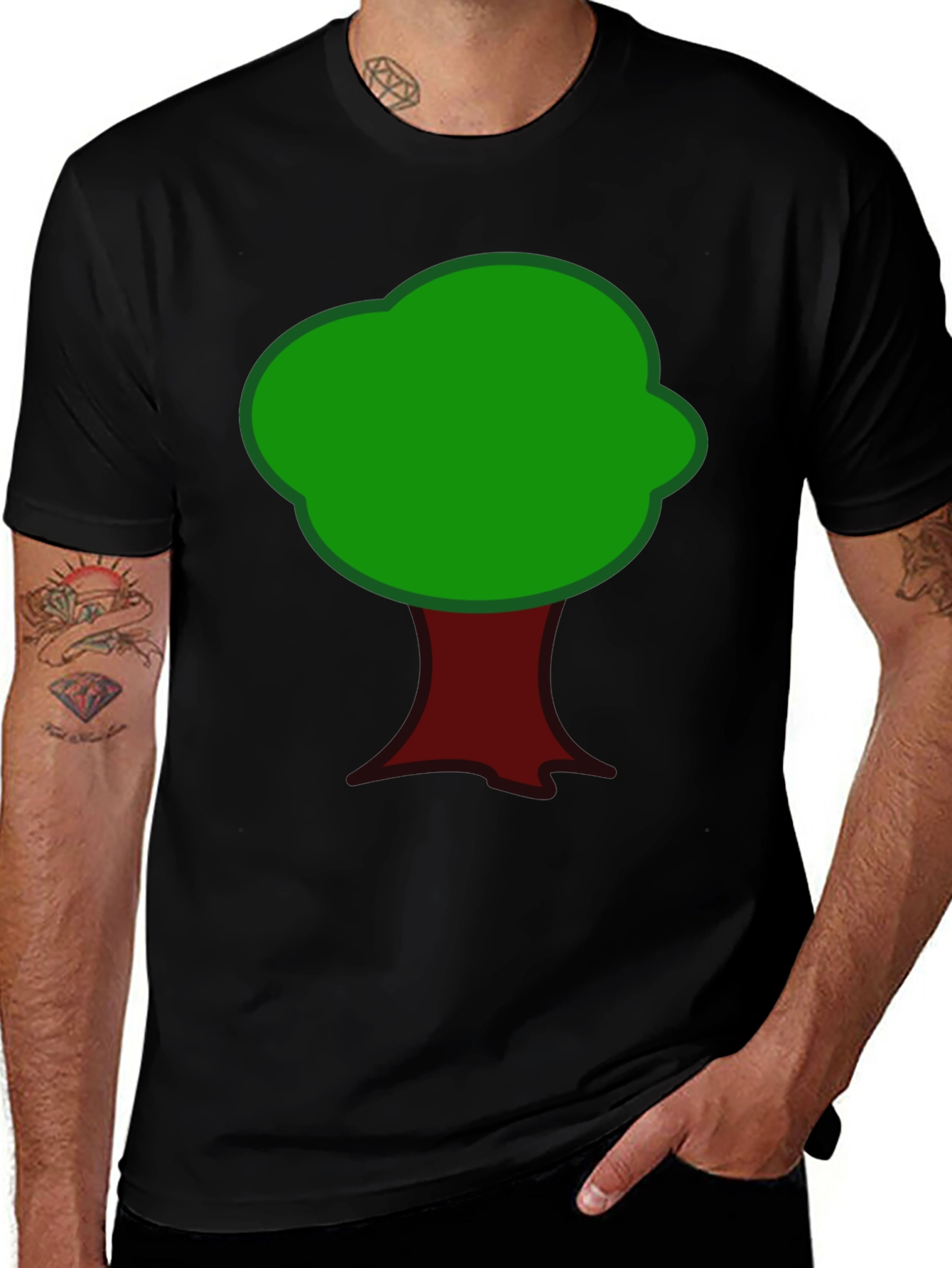 Cartoon Tree Graphic Tee - Black Cotton T-Shirt