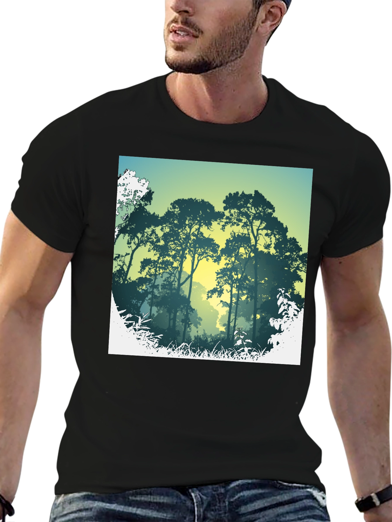 Nature Scene Graphic Print Black T-Shirt