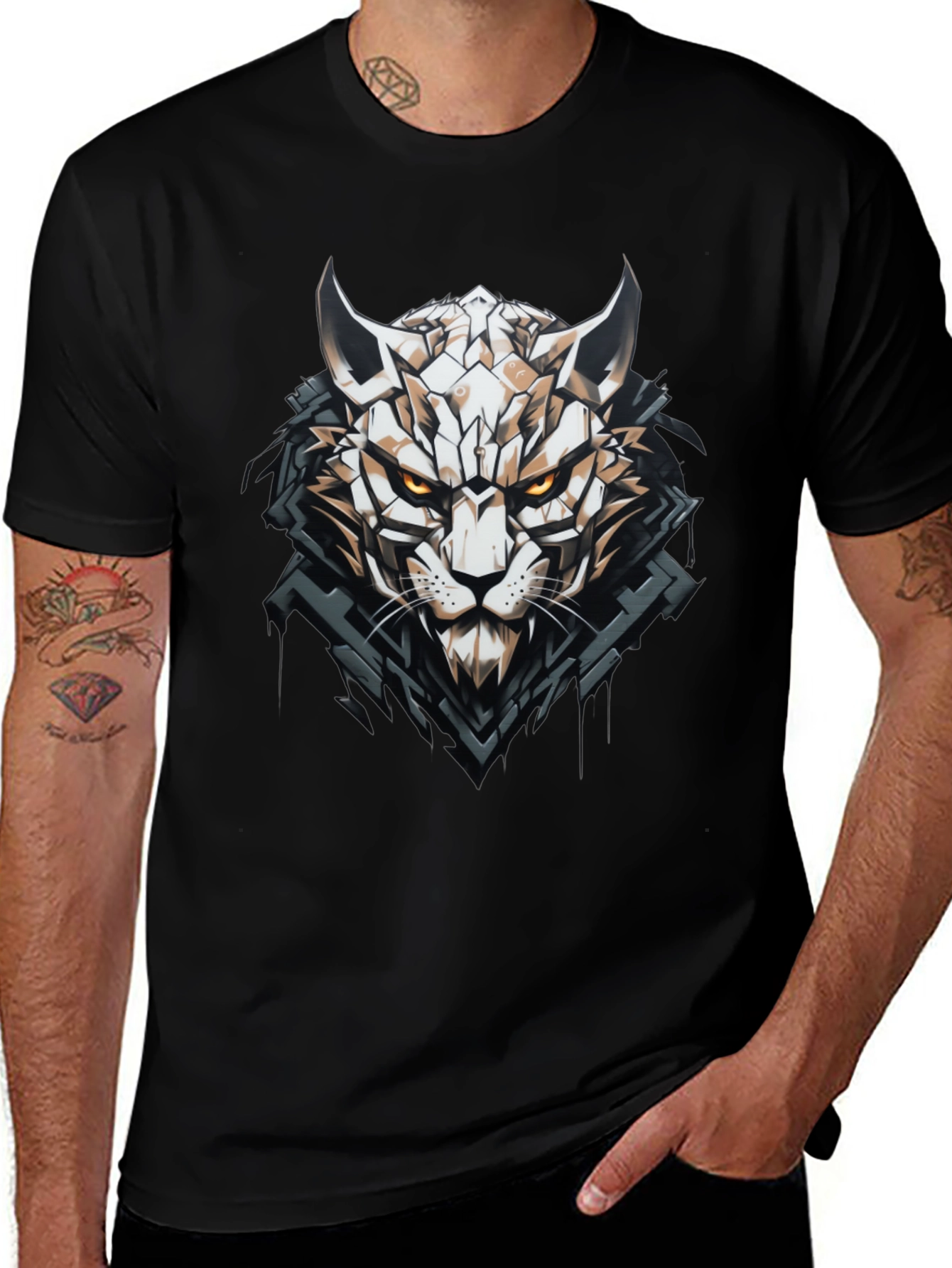 Geometric Cat Graphic Black T-Shirt