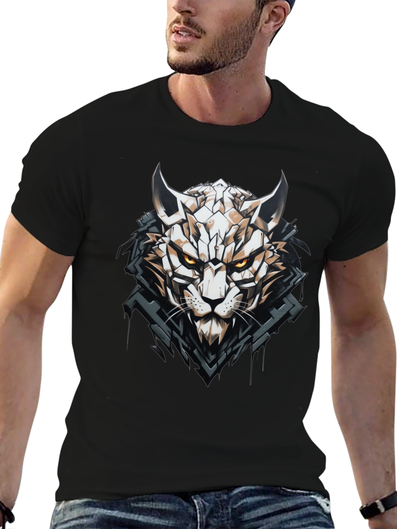 Geometric Cat Graphic Black T-Shirt