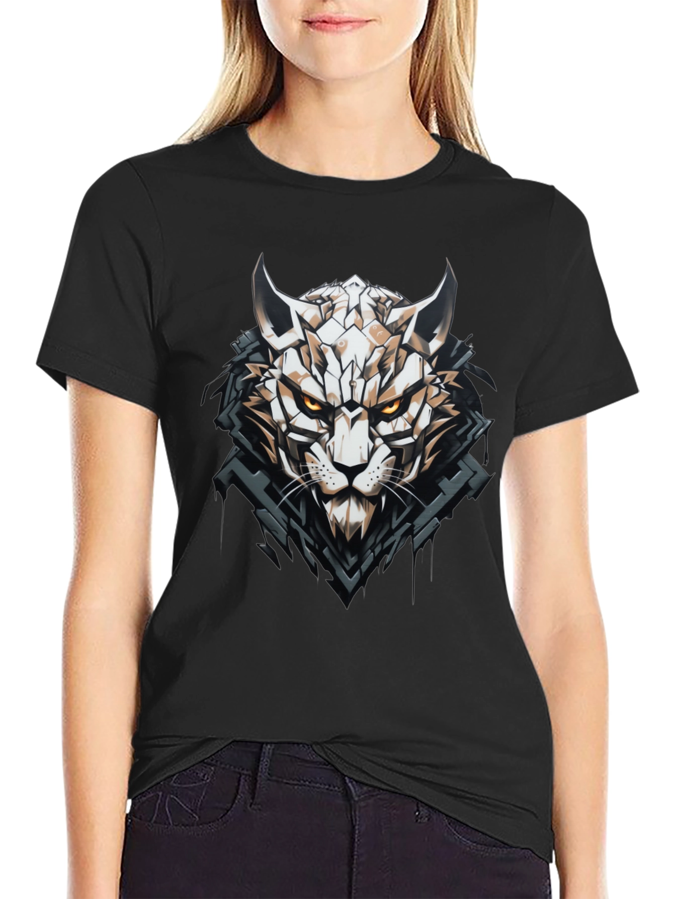 Geometric Cat Graphic Black T-Shirt